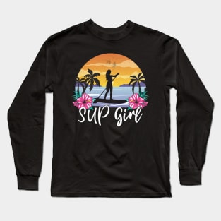 SUP Girl Paddle Boarding Paddle Board Vintage Sunset Girls Long Sleeve T-Shirt